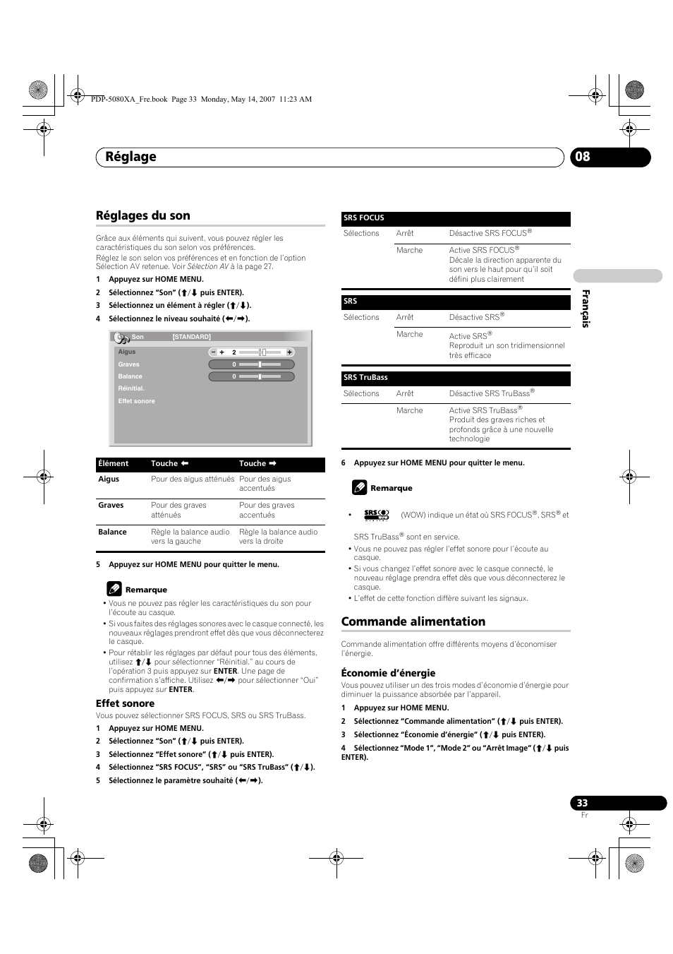 Réglage 08, Réglages du son, Commande alimentation | Pioneer PDP-4280XA User Manual | Page 93 / 364
