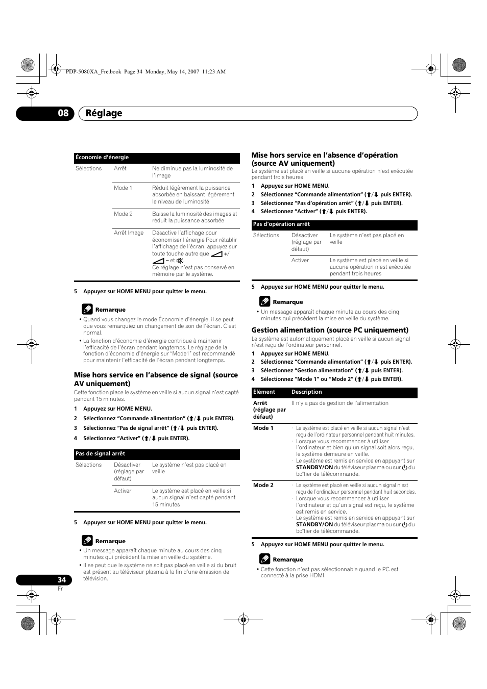 Réglage 08 | Pioneer PDP-4280XA User Manual | Page 94 / 364
