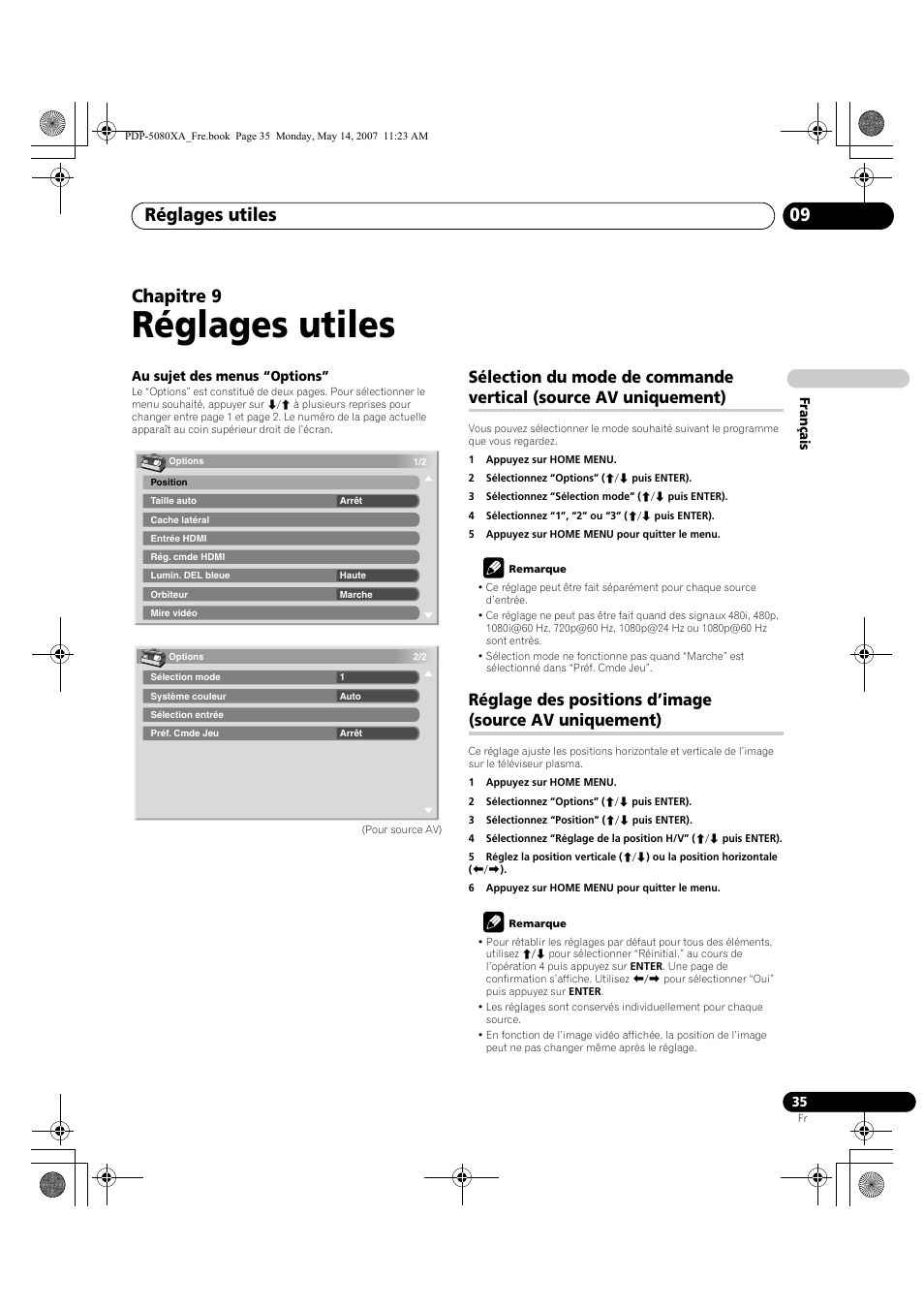 Réglages utiles, Réglages utiles 09, Chapitre 9 | Pioneer PDP-4280XA User Manual | Page 95 / 364