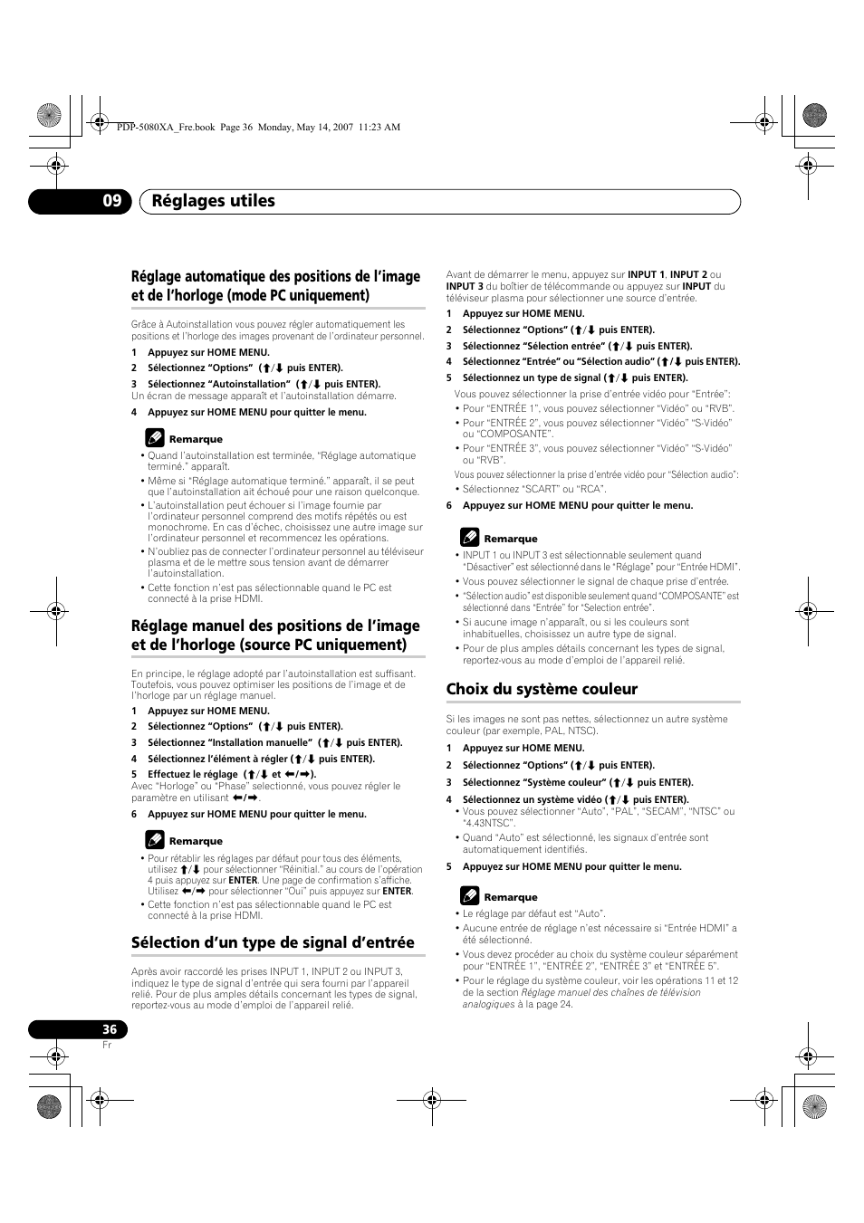 Réglages utiles 09, Sélection d’un type de signal d’entrée, Choix du système couleur | Pioneer PDP-4280XA User Manual | Page 96 / 364