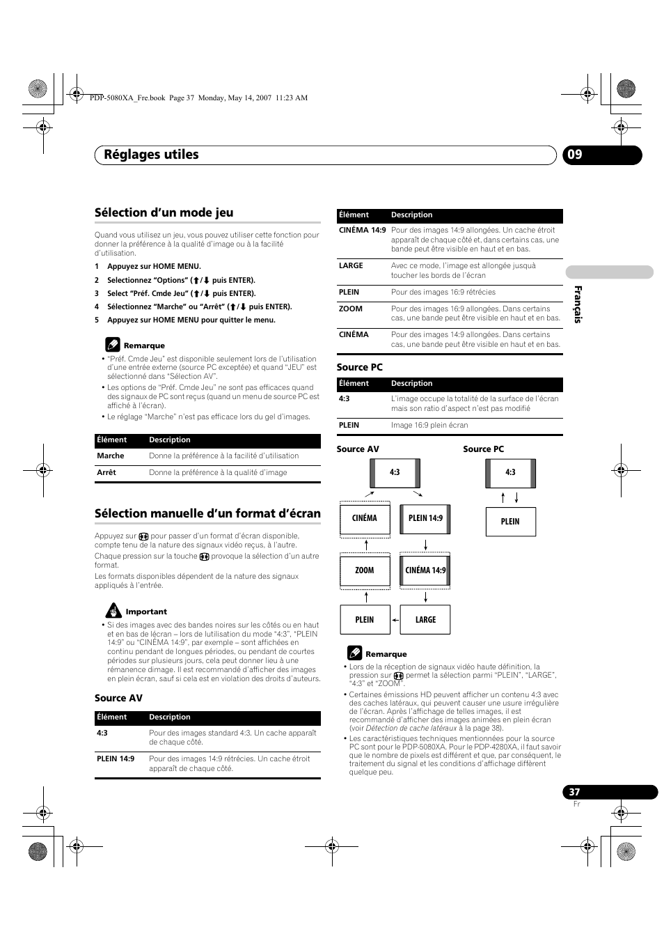 Réglages utiles 09, Sélection d’un mode jeu, Sélection manuelle d’un format d’écran | Pioneer PDP-4280XA User Manual | Page 97 / 364