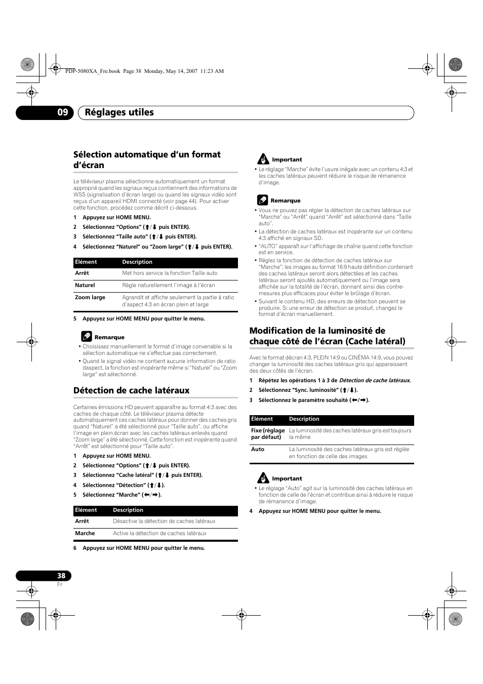 Réglages utiles 09, Sélection automatique d’un format d’écran, Détection de cache latéraux | Pioneer PDP-4280XA User Manual | Page 98 / 364