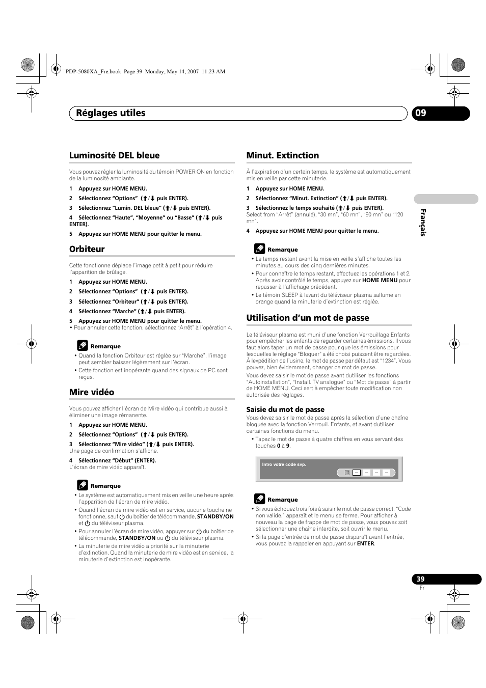 Réglages utiles 09, Luminosité del bleue, Orbiteur | Mire vidéo, Minut. extinction, Utilisation d’un mot de passe | Pioneer PDP-4280XA User Manual | Page 99 / 364