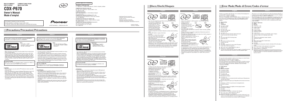 Pioneer CDX-P670 User Manual | 4 pages