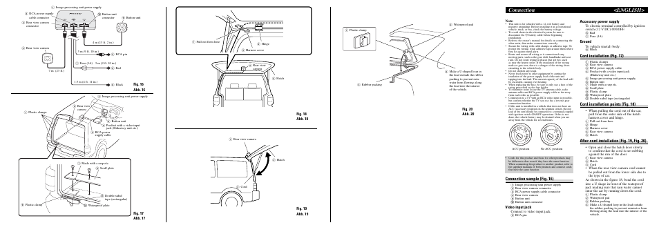 Connection <english, Connection sample (fig. 16), Cord installation (fig. 17) | Cord installation points (fig. 18), After cord installation (fig. 19, fig. 20), Fig. 20 abb. 20, Video input jack, Accessory power supply, Ground | Pioneer ND-BC20PA User Manual | Page 6 / 8
