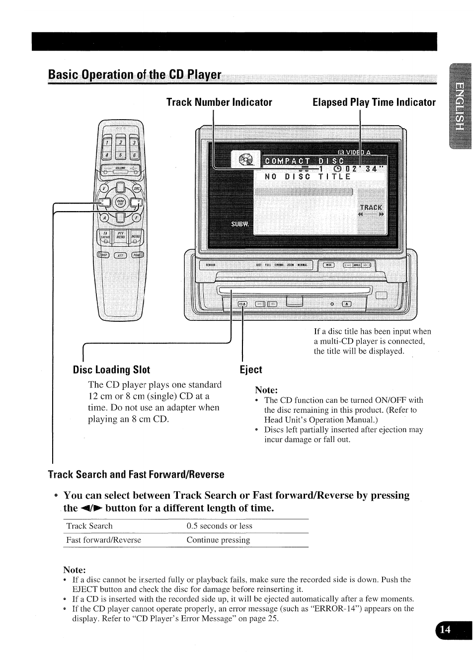 Note, Basic operation of the cd player | Pioneer AVX-P7000CD User Manual | Page 15 / 80