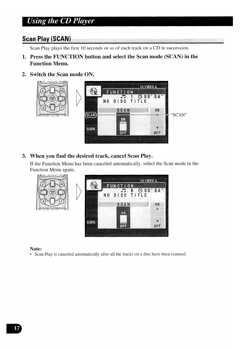 Scan play (scan), Switch the scan mode on, When you find the desired track, cancel scan play | Note, Using the cd player | Pioneer AVX-P7000CD User Manual | Page 18 / 80