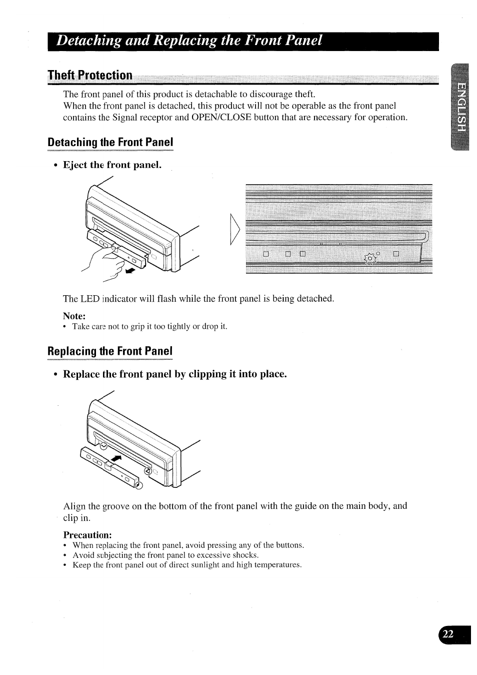Theft protection, Eject the front panel, Replace the front panel by clipping it into place | Precaution, Detaching and replacing the front panel | Pioneer AVX-P7000CD User Manual | Page 23 / 80