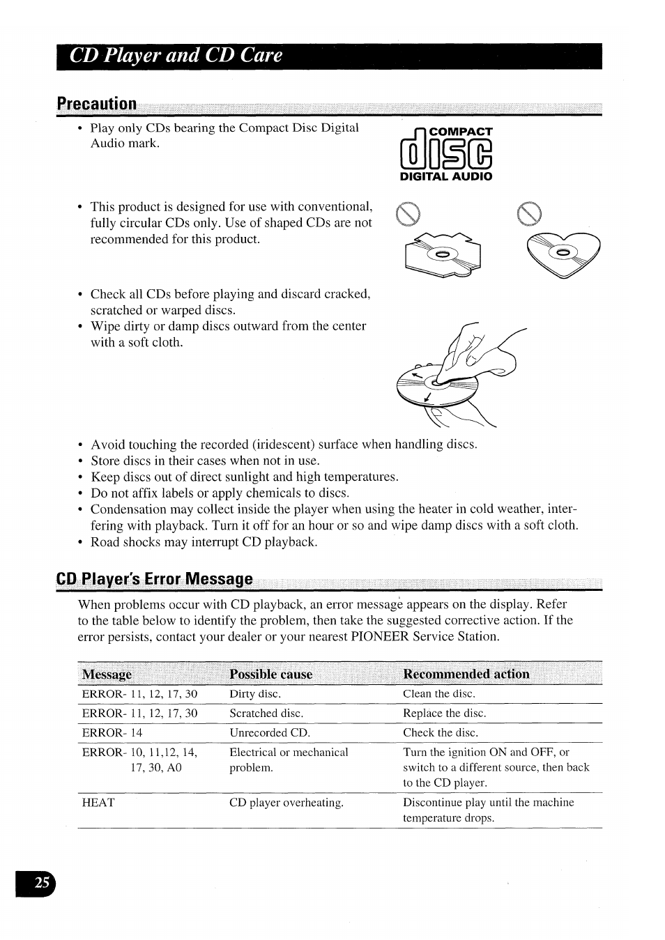 Cd player and cd care, Precaution, Cd player's error message | Caution, Cd player’s error message | Pioneer AVX-P7000CD User Manual | Page 26 / 80