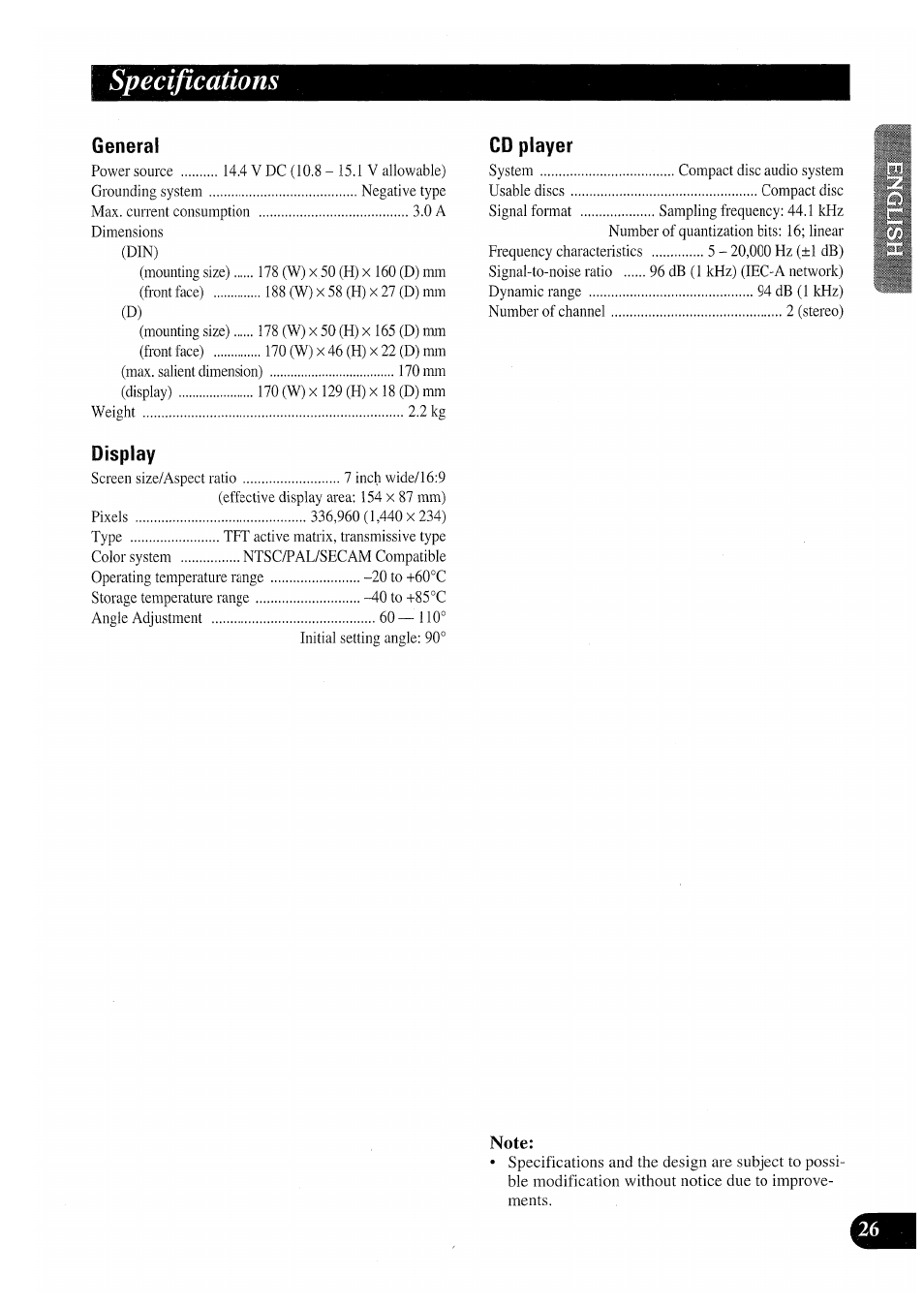 Specifications, Note | Pioneer AVX-P7000CD User Manual | Page 27 / 80