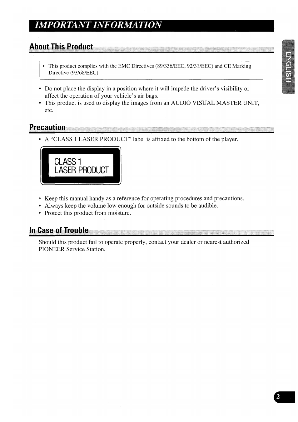 Important information, About this product, Precaution | In case of trouble, About this product precaution in case of trouble | Pioneer AVX-P7000CD User Manual | Page 3 / 80