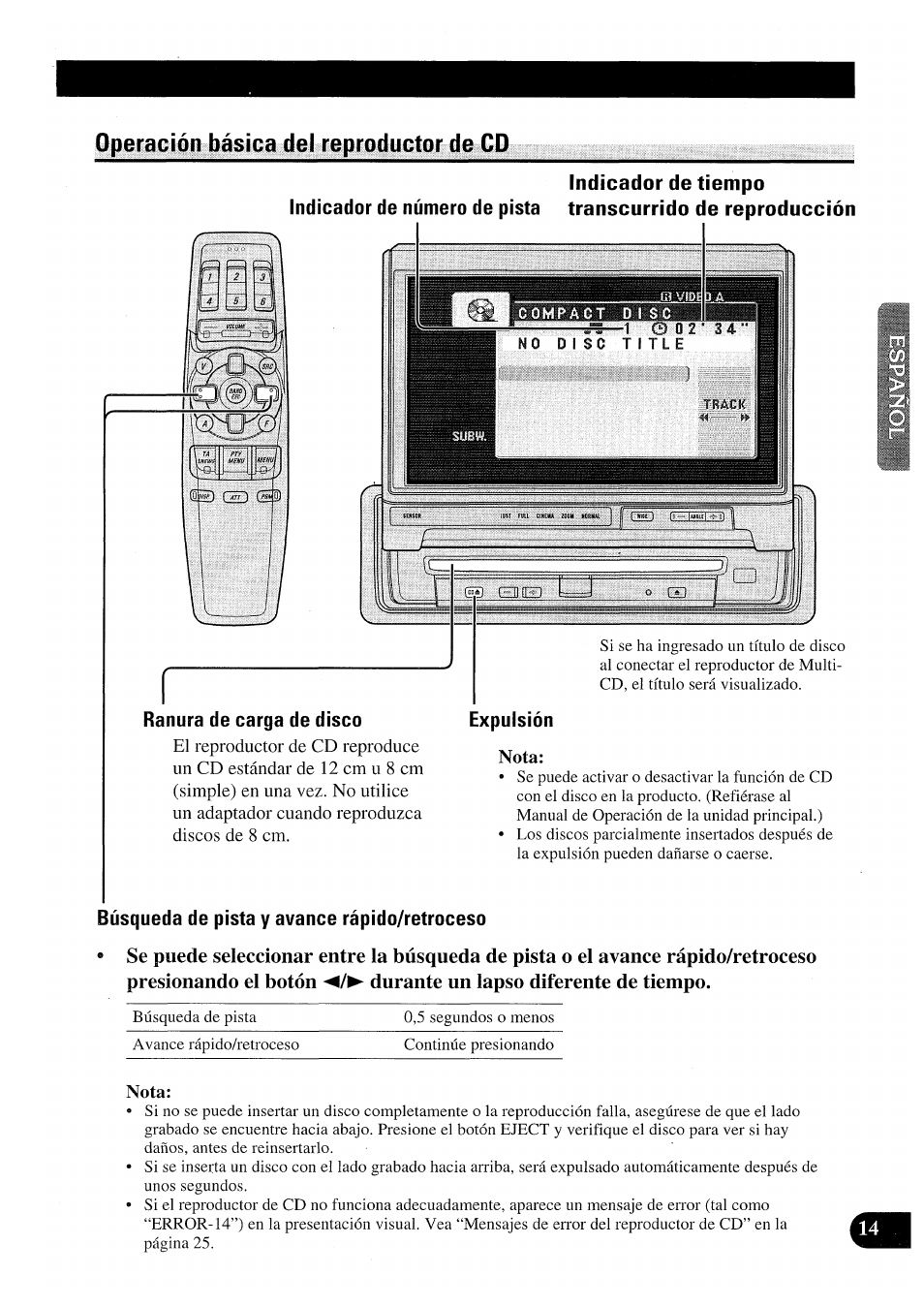Operación básica del reproductor de cp, Nota, Operación básica del reproductor de cd | Pioneer AVX-P7000CD User Manual | Page 41 / 80