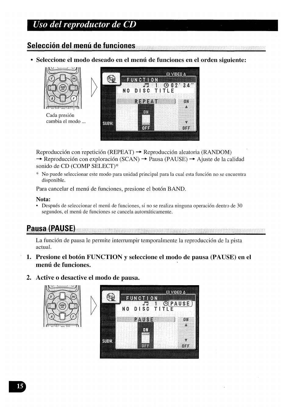 Nota, Pausa (pause), Active o desactive el modo de pausa | Uso del reproductor de cd | Pioneer AVX-P7000CD User Manual | Page 42 / 80