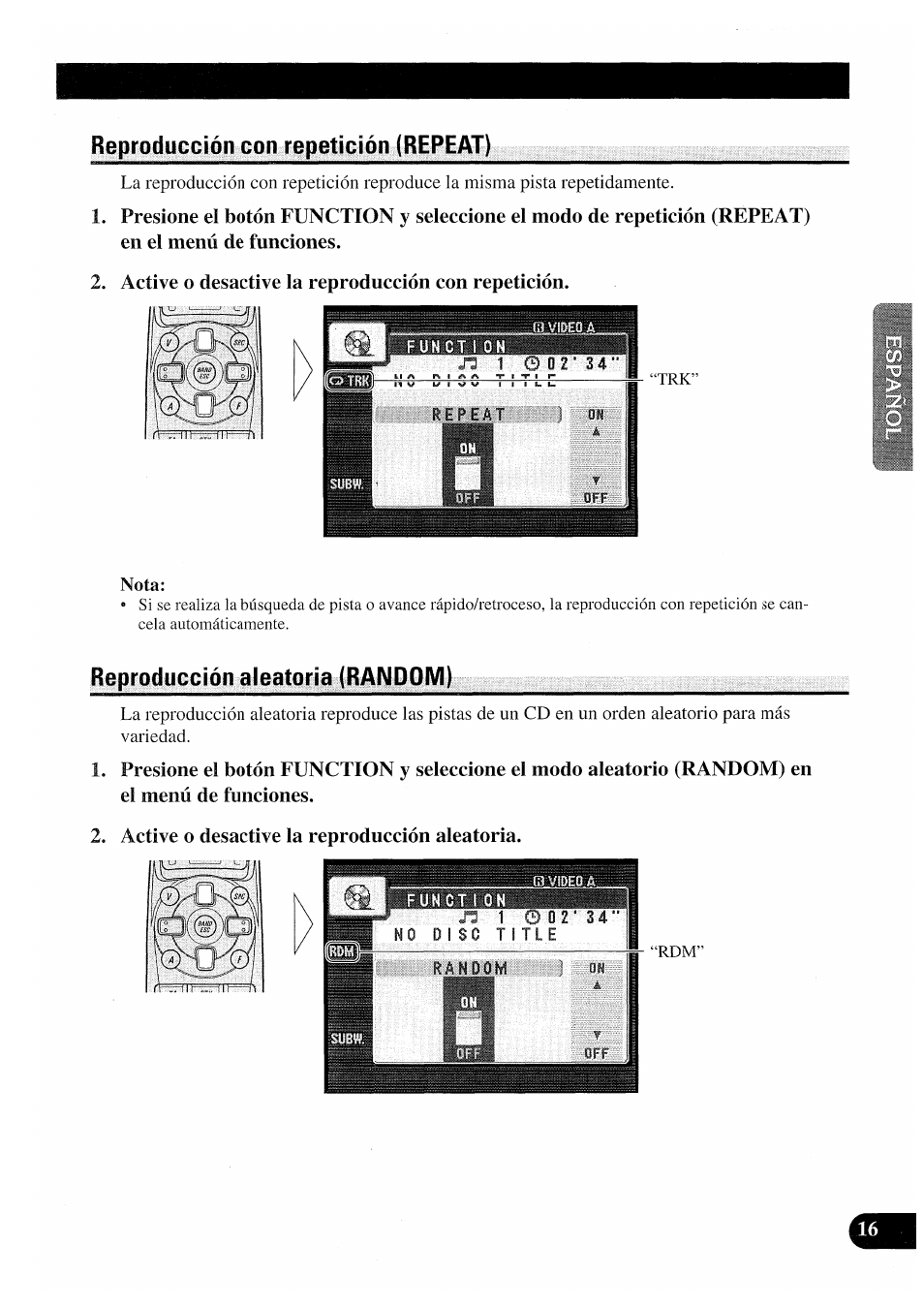 Reproducción con repetición (repeat), Reproducción aleatoria (random) | Pioneer AVX-P7000CD User Manual | Page 43 / 80