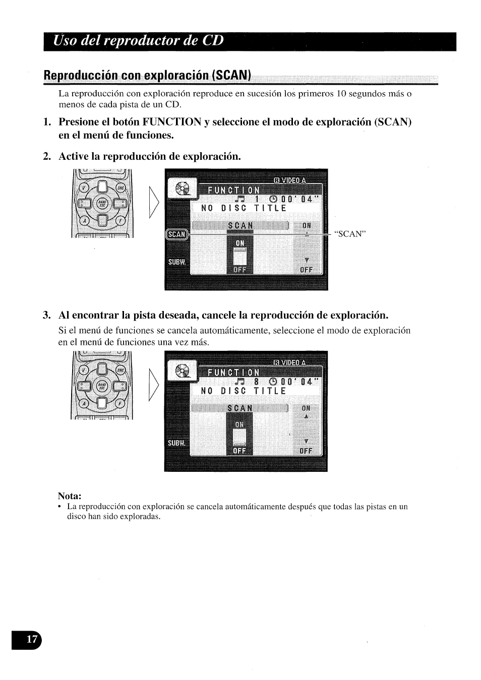 Reproducción con exploración (scan), Active la reproducción de exploración, Nota | Reprodueeión con exploración (scan), Uso del reproductor de cd | Pioneer AVX-P7000CD User Manual | Page 44 / 80