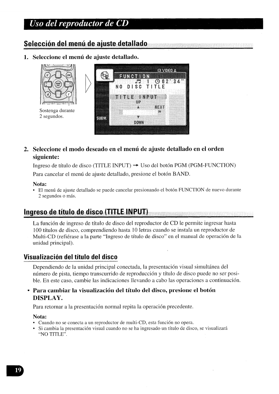 Selección del menú de ajuste detallado, Seleccione el menú de ajuste detallado, Nota | Ingreso de título de disco (title input), Seleceión del menú de ajuste detallado, Uso del reproductor de cd | Pioneer AVX-P7000CD User Manual | Page 46 / 80