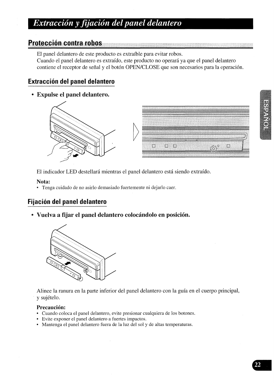 Protección contra robos, Expulse el panel delantero, Precaución | Extracción y fijación del panel delantero | Pioneer AVX-P7000CD User Manual | Page 49 / 80