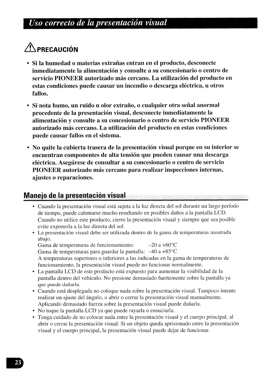 Manejo de la presentación visual, De la presentación visual, Uso correcto de la presentación visual | Pioneer AVX-P7000CD User Manual | Page 50 / 80
