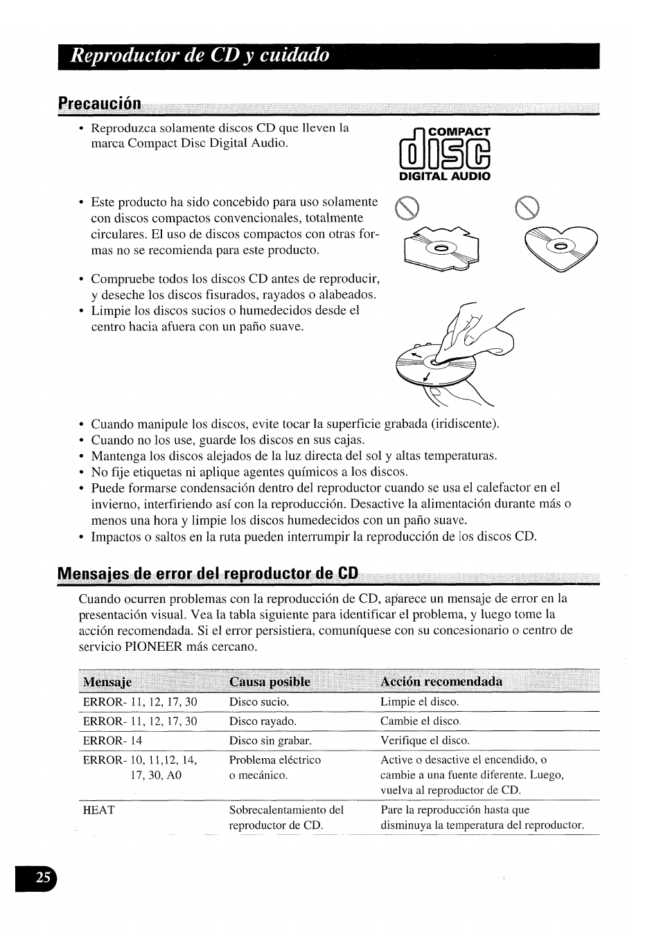 Precaución, Mensajes de error del reproductor de cd, Precaueión mensajes de error del reproductor de cd | Reproductor de cd y cuidado | Pioneer AVX-P7000CD User Manual | Page 52 / 80