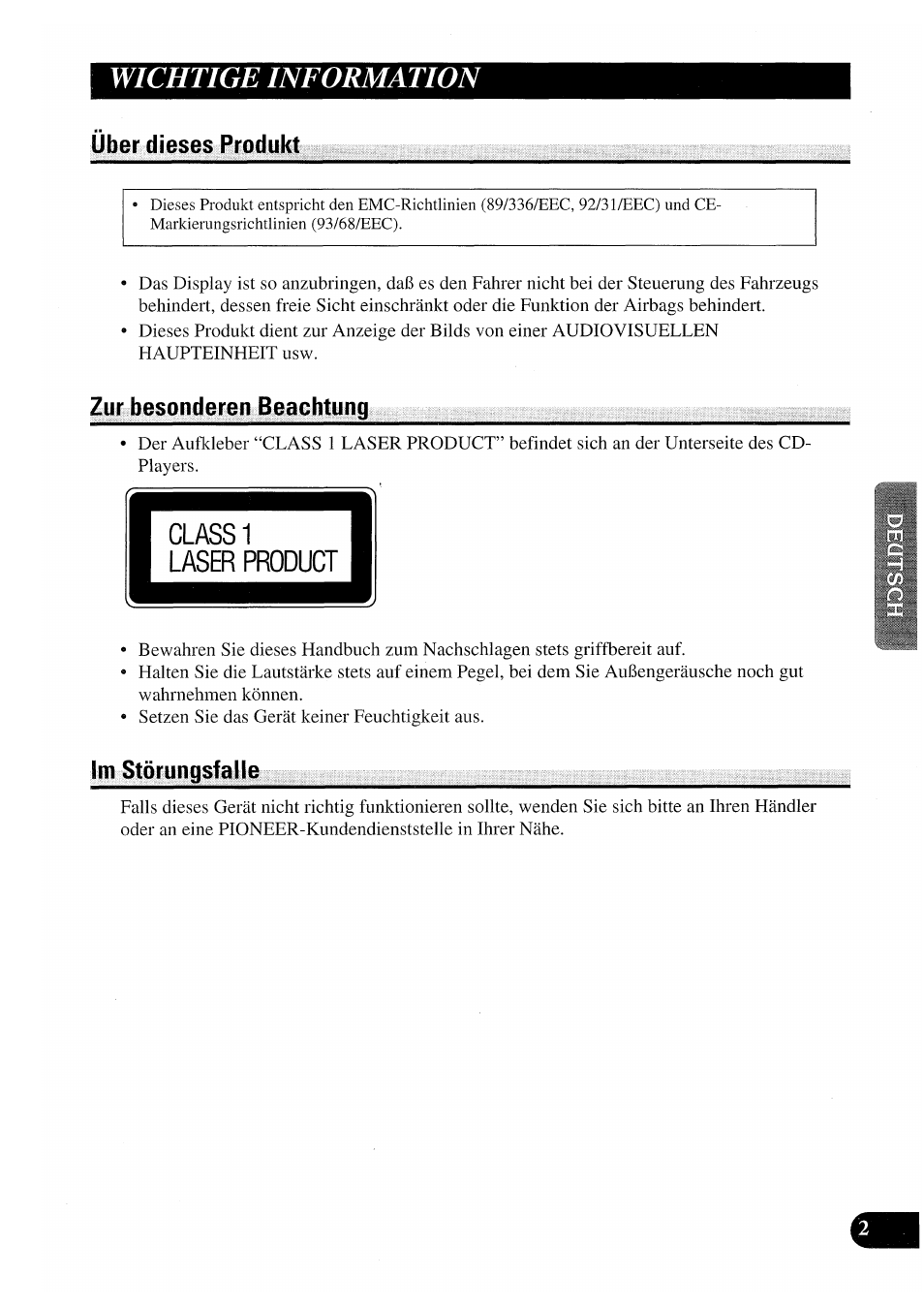 Wichtige information, Über dieses produkt, Zur besonderen beachtung | Im störungsfalle, Zur besonderen beachtung im störungsfalle | Pioneer AVX-P7000CD User Manual | Page 55 / 80