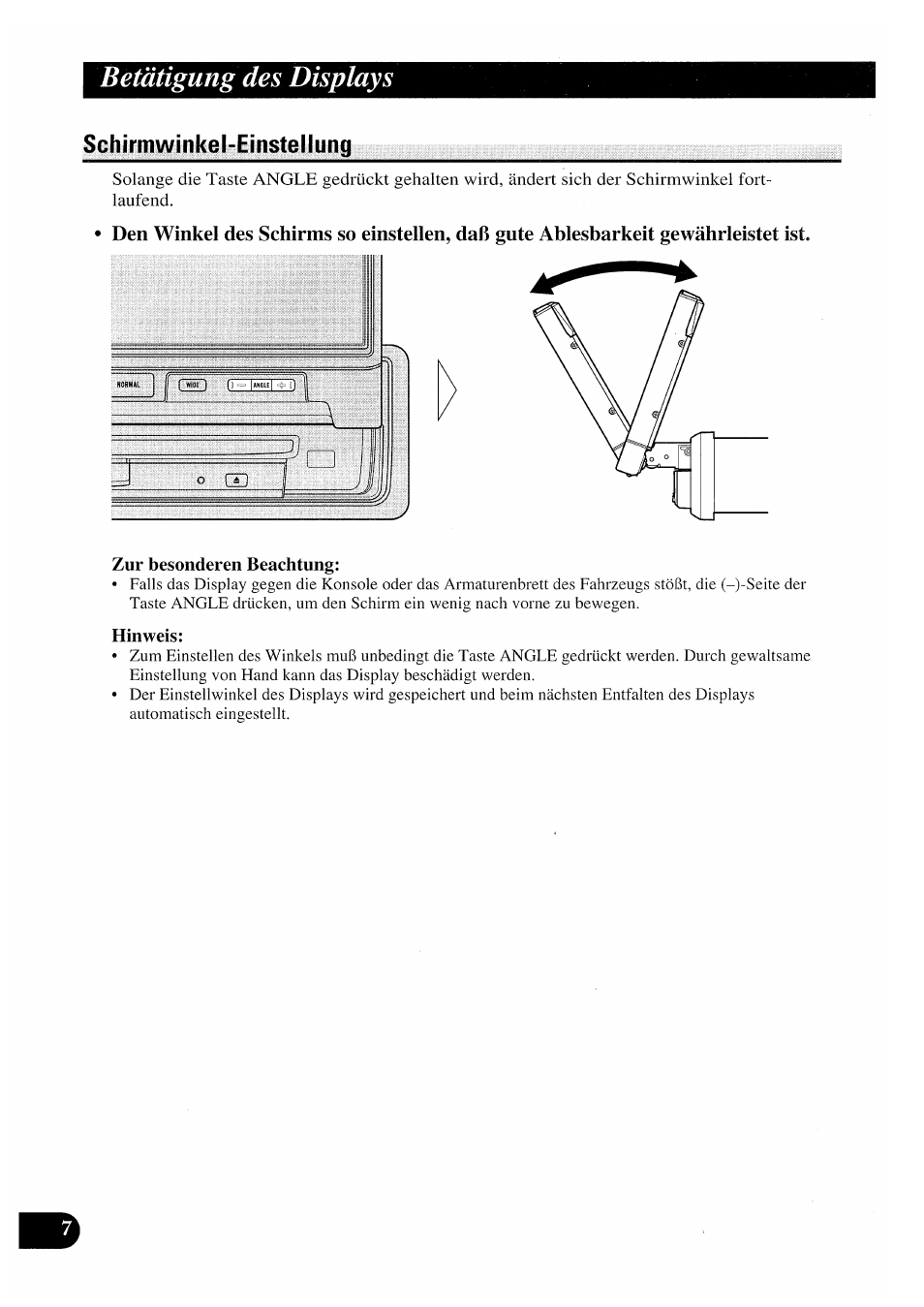 Schirmwinkel-einstellung, Zur besonderen beachtung, Hinweis | Betätigung des displays | Pioneer AVX-P7000CD User Manual | Page 60 / 80