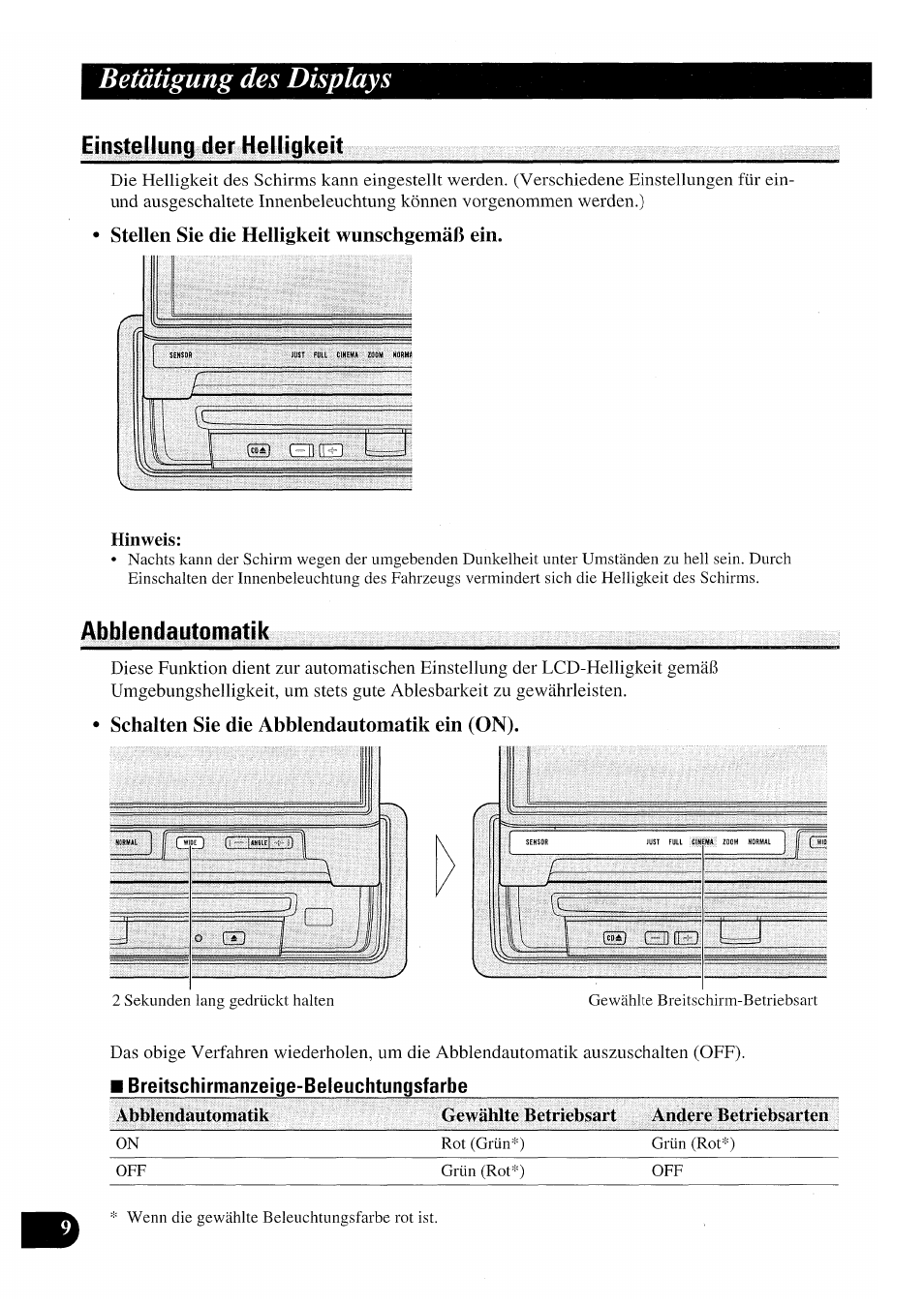 Einstellung der helligkeit, Stellen sie die helligkeit wunschgemäß ein, Hinweis | Abblendautomatik, Schalten sie die abblendautomatik ein (on), Einstellung der helligkeit abblendautomatik, Betätigung des displays | Pioneer AVX-P7000CD User Manual | Page 62 / 80