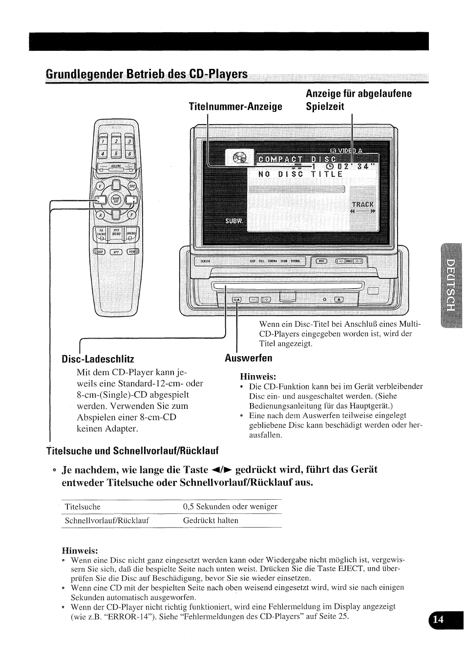 Grundlegender betrieb des cd-players, Hinweis | Pioneer AVX-P7000CD User Manual | Page 67 / 80