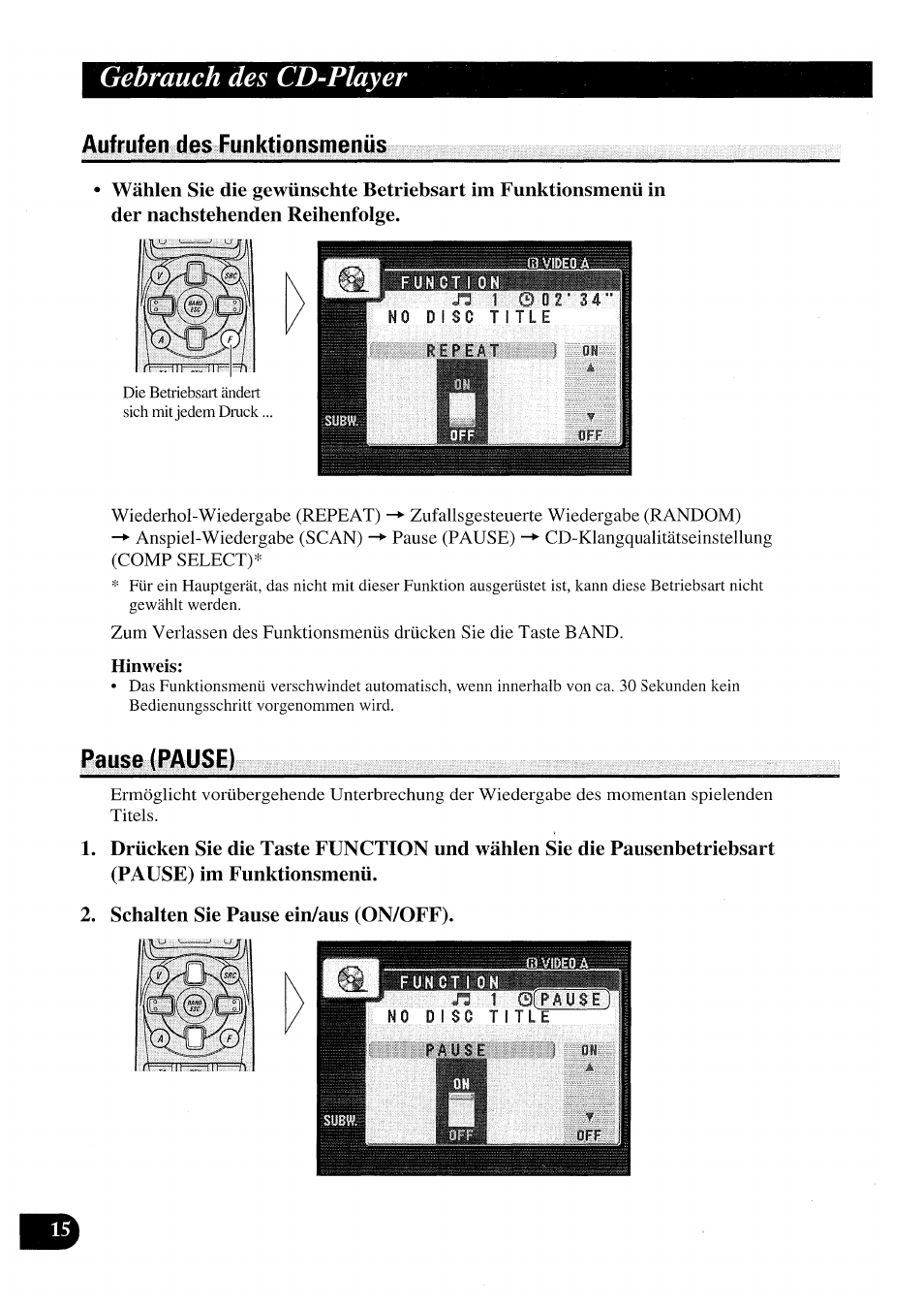 Aufrufen des funktionsmenüs, Hinweis, Pause (pause) | Schalten sie pause ein/aus (on/off), Aufrufen des funktionsmenüs pause (pause), Gebrauch des cd-player | Pioneer AVX-P7000CD User Manual | Page 68 / 80