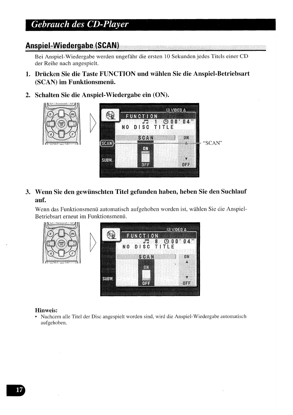 Anspiel-wiedergabe (scan), Schalten sie die anspiel-wiedergabe ein (on), Gebrauch des cd-player | Pioneer AVX-P7000CD User Manual | Page 70 / 80