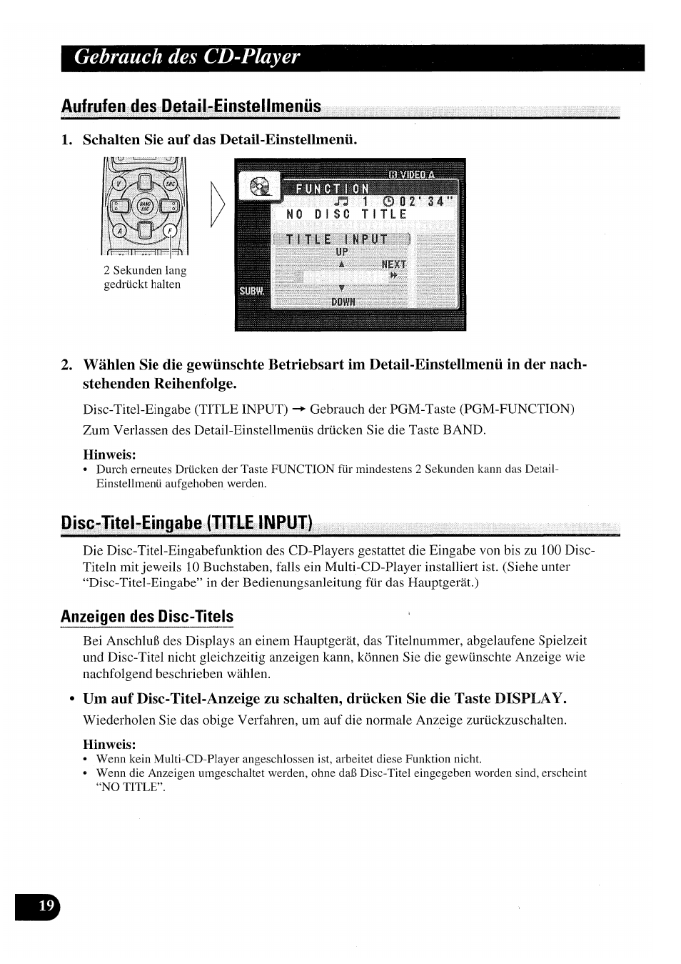 Schalten sie auf das detail-einstellmenü, Hinweis, Disc-titel-eingabe (title input) | Gebrauch des cd-player | Pioneer AVX-P7000CD User Manual | Page 72 / 80