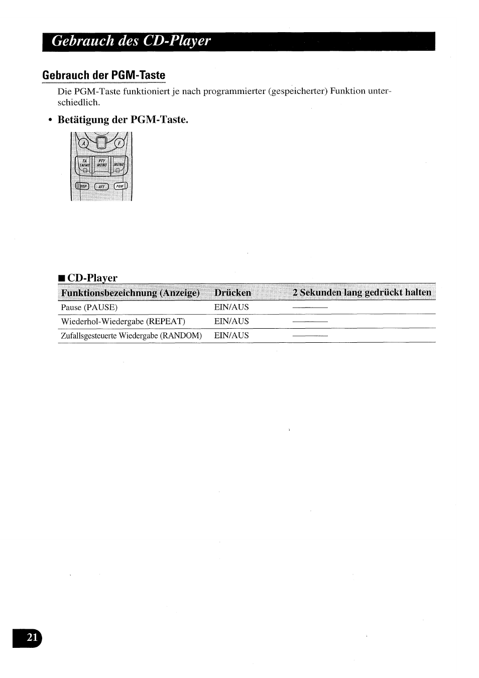 Betätigung der pgm-taste, Cd-player, 2 sekunden lang gedrückt halten | Gebrauch des cd-player | Pioneer AVX-P7000CD User Manual | Page 74 / 80