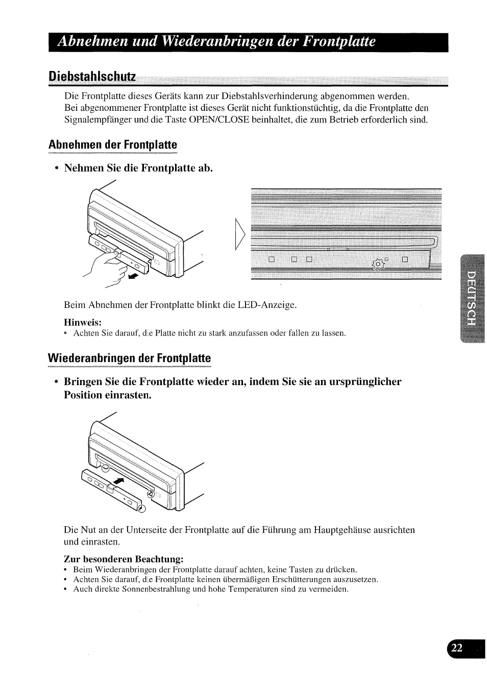 Abnehmen und wiederanbringen der frontplatte, Diebstahlschutz, Nehmen sie die frontplatte ab | Hinweis, Zur besonderen beachtung | Pioneer AVX-P7000CD User Manual | Page 75 / 80