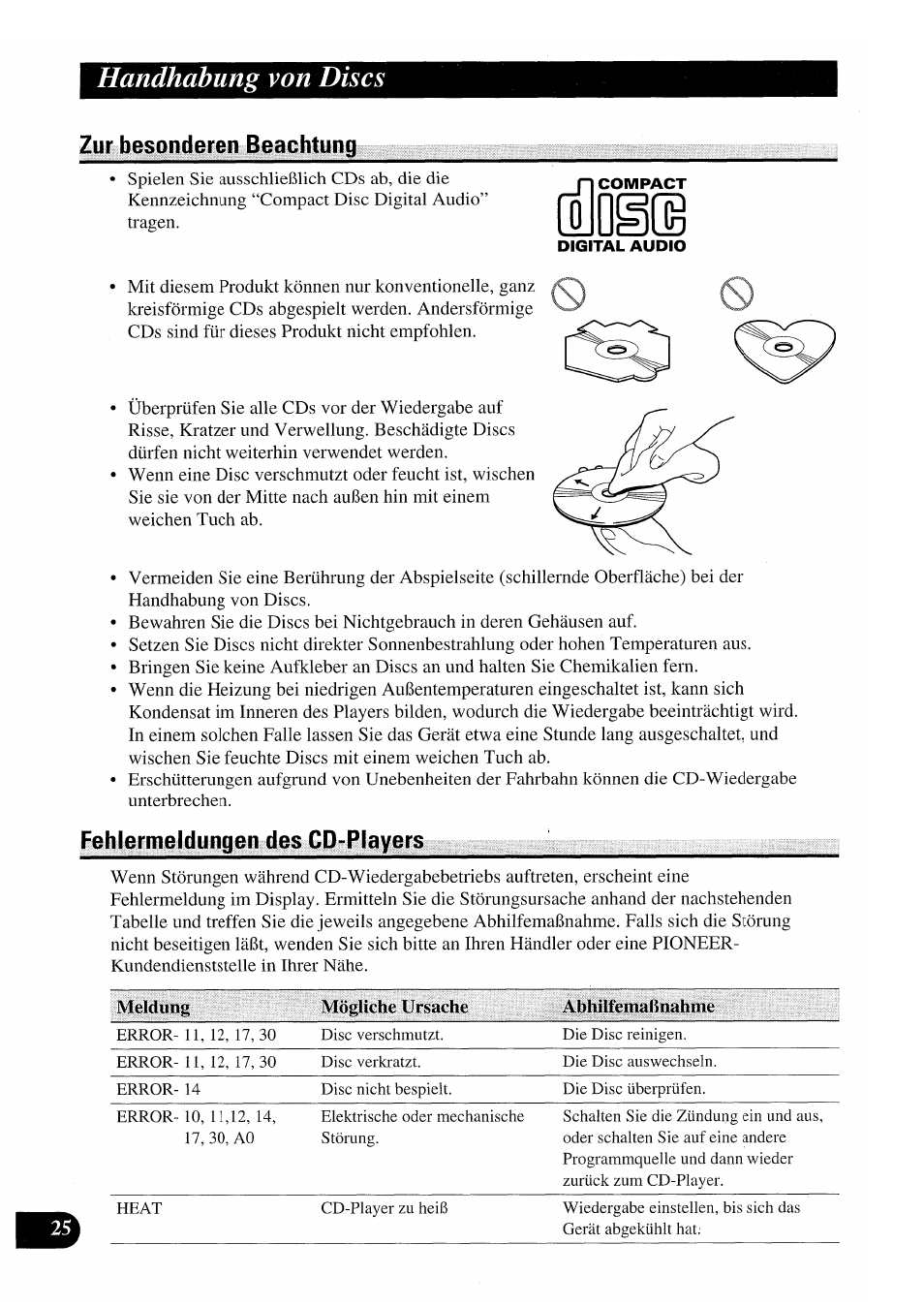 Handhabung von discs, Zur besonderen beachtung, Fehlermeldungen des cd-players | Pioneer AVX-P7000CD User Manual | Page 78 / 80