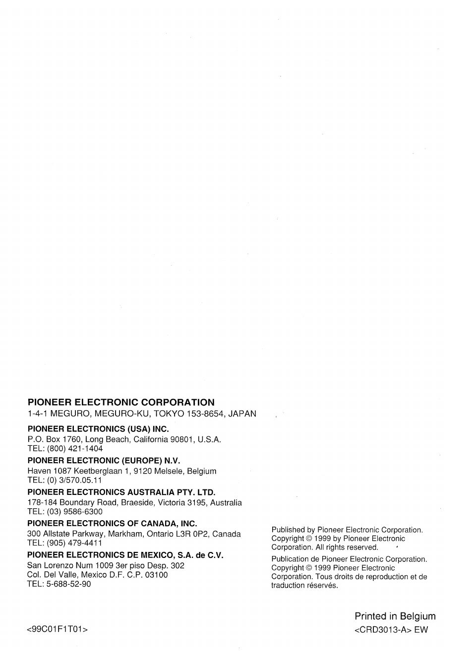 Printed in belgium, Pioneer electronic corporation | Pioneer AVX-P7000CD User Manual | Page 80 / 80