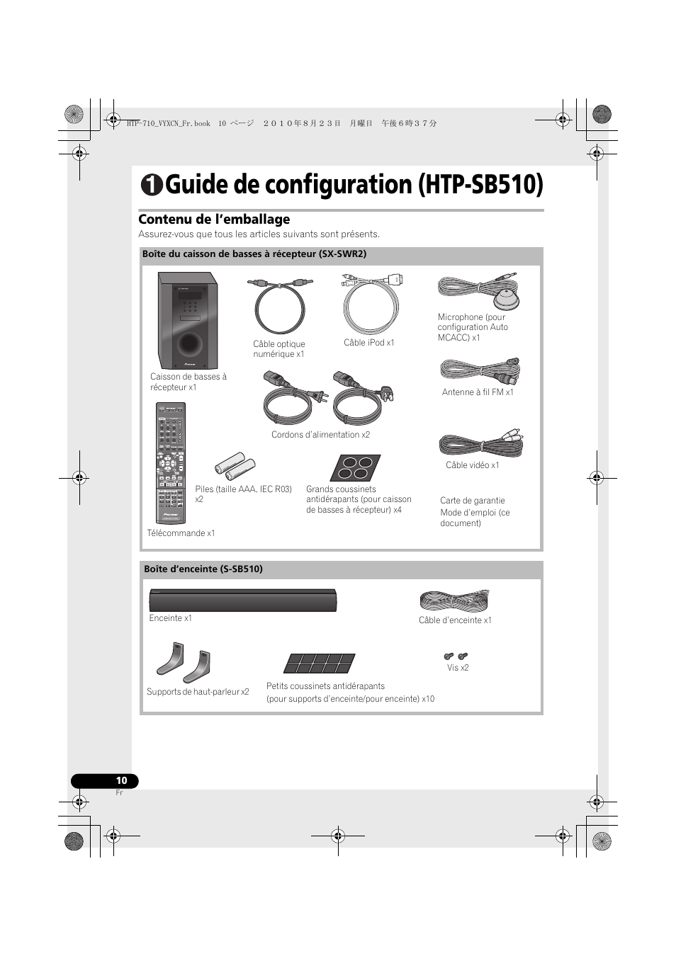 Guide de configuration (htp-sb510), Contenu de l’emballage | Pioneer HTP-710 User Manual | Page 100 / 272