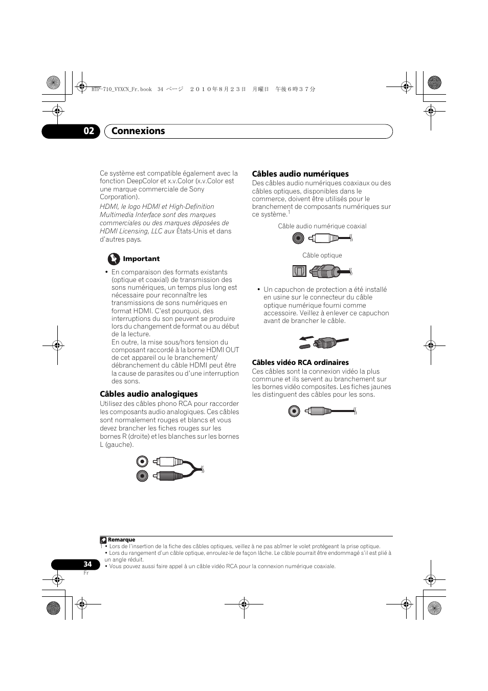 Câbles audio analogiques, Câbles audio numériques, Connexions 02 | Pioneer HTP-710 User Manual | Page 124 / 272