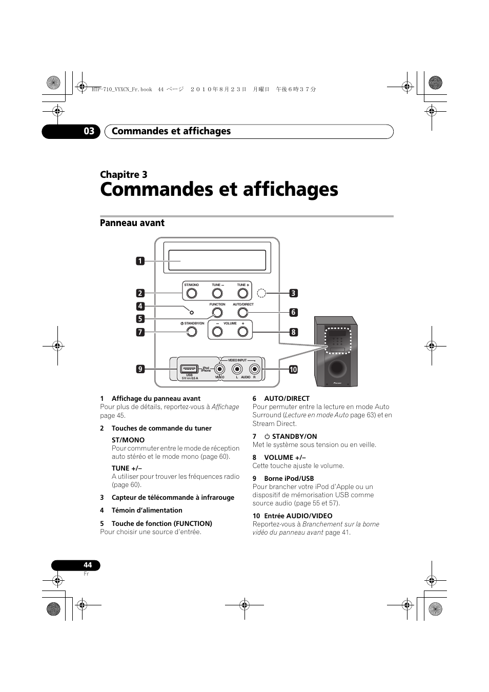 Commandes et affichages, Panneau avant, 03 commandes et affichages | Commandes et affichages 03, Chapitre 3 | Pioneer HTP-710 User Manual | Page 134 / 272
