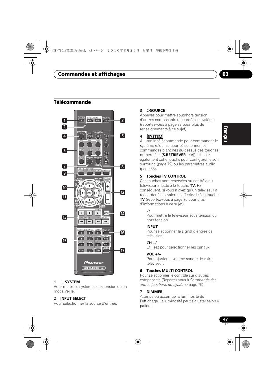 Télécommande, Commandes et affichages 03, Français | Pioneer HTP-710 User Manual | Page 137 / 272