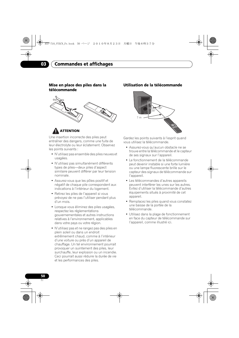 Mise en place des piles dans la télécommande, Utilisation de la télécommande, Commandes et affichages 03 | Pioneer HTP-710 User Manual | Page 140 / 272