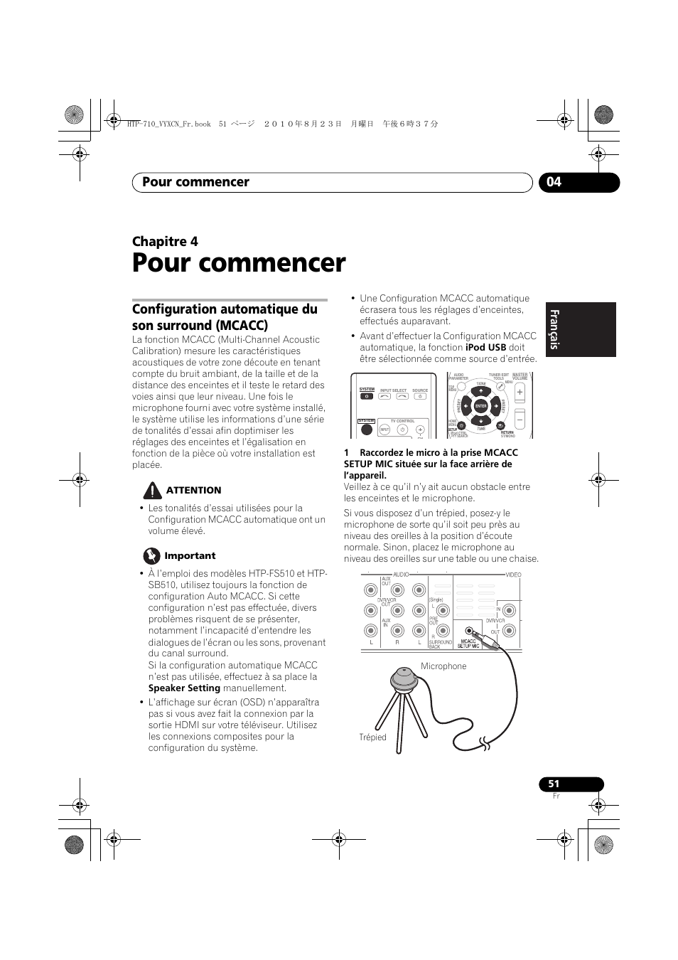 Pour commencer, Configuration automatique du son surround (mcacc), Trépied | 04 pour commencer, Pour commencer 04, Chapitre 4, Français | Pioneer HTP-710 User Manual | Page 141 / 272