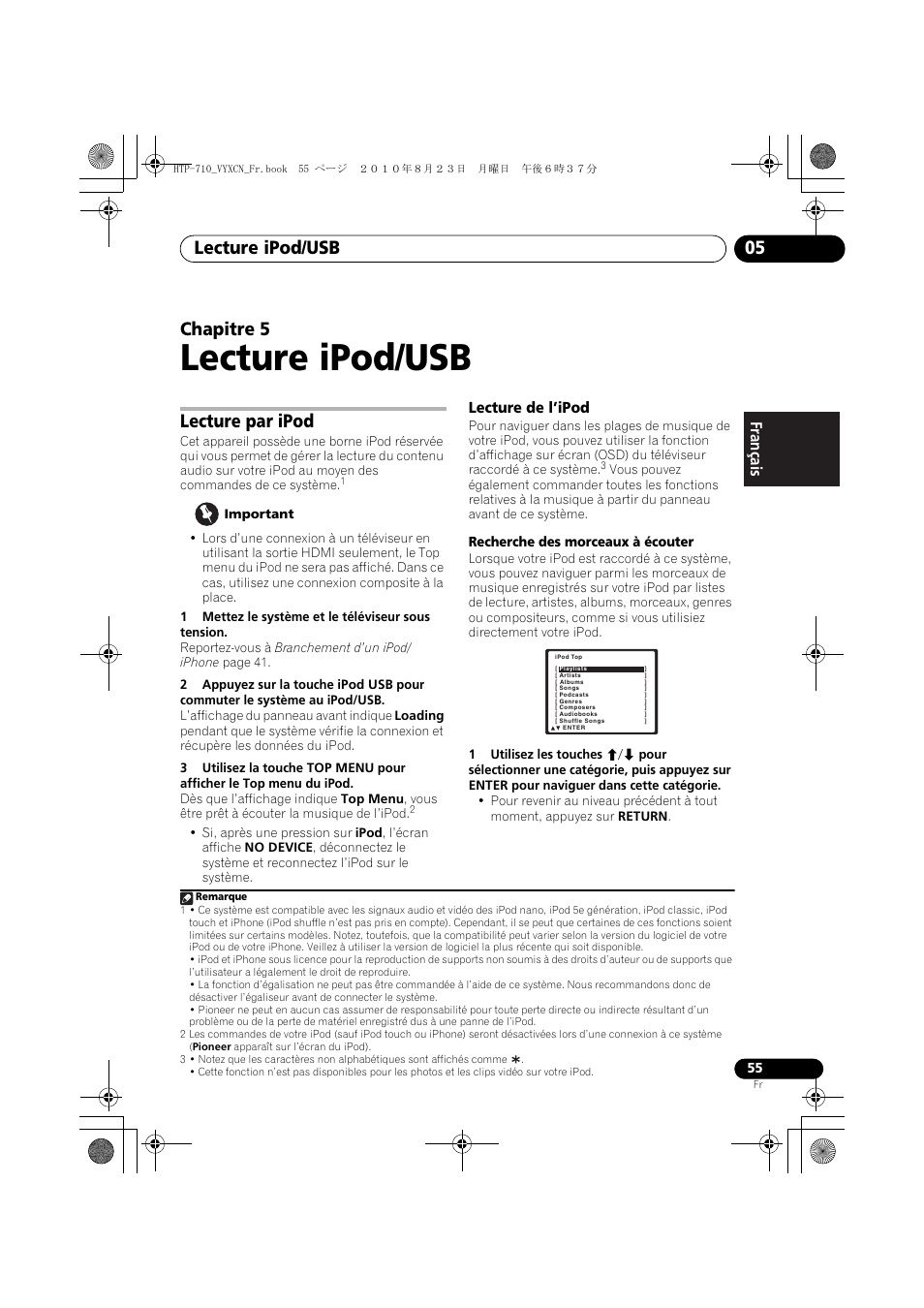 Lecture ipod/usb, Lecture par ipod, Lecture de l’ipod | 05 lecture ipod/usb, Lecture ipod/usb 05, Chapitre 5, Français | Pioneer HTP-710 User Manual | Page 145 / 272