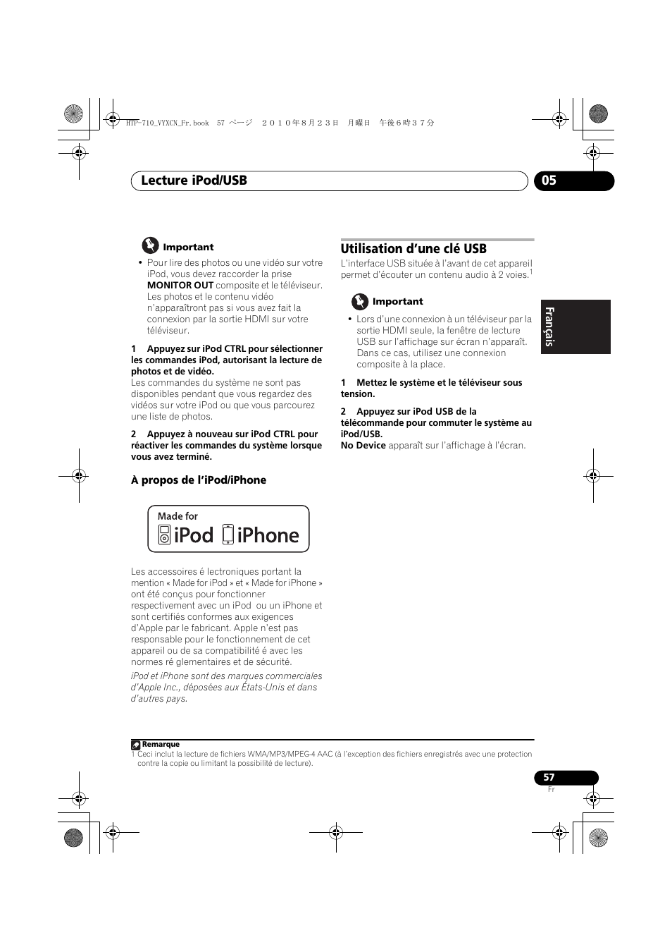 À propos de l’ipod/iphone, Utilisation d’une clé usb, Lecture ipod/usb 05 | Pioneer HTP-710 User Manual | Page 147 / 272