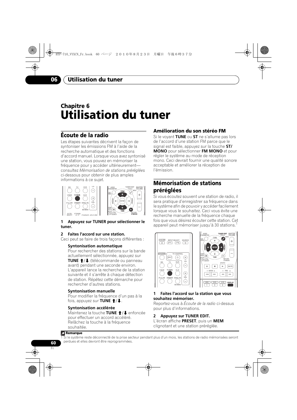 Utilisation du tuner, Écoute de la radio, Amélioration du son stéréo fm | Mémorisation de stations préréglées, 06 utilisation du tuner, Utilisation du tuner 06, Chapitre 6 | Pioneer HTP-710 User Manual | Page 150 / 272
