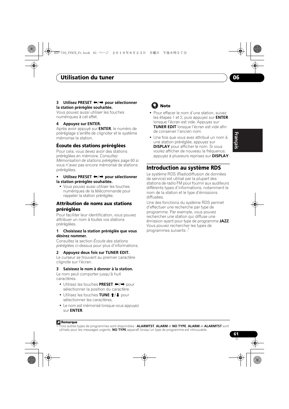 Écoute des stations préréglées, Attribution de noms aux stations préréglées, Introduction au système rds | Utilisation du tuner 06 | Pioneer HTP-710 User Manual | Page 151 / 272