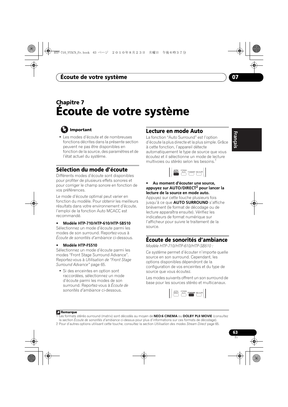 Écoute de votre système, Sélection du mode d’écoute, Lecture en mode auto | Écoute de sonorités d’ambiance, 07 écoute de votre système, Écoute de votre système 07, Chapitre 7 | Pioneer HTP-710 User Manual | Page 153 / 272