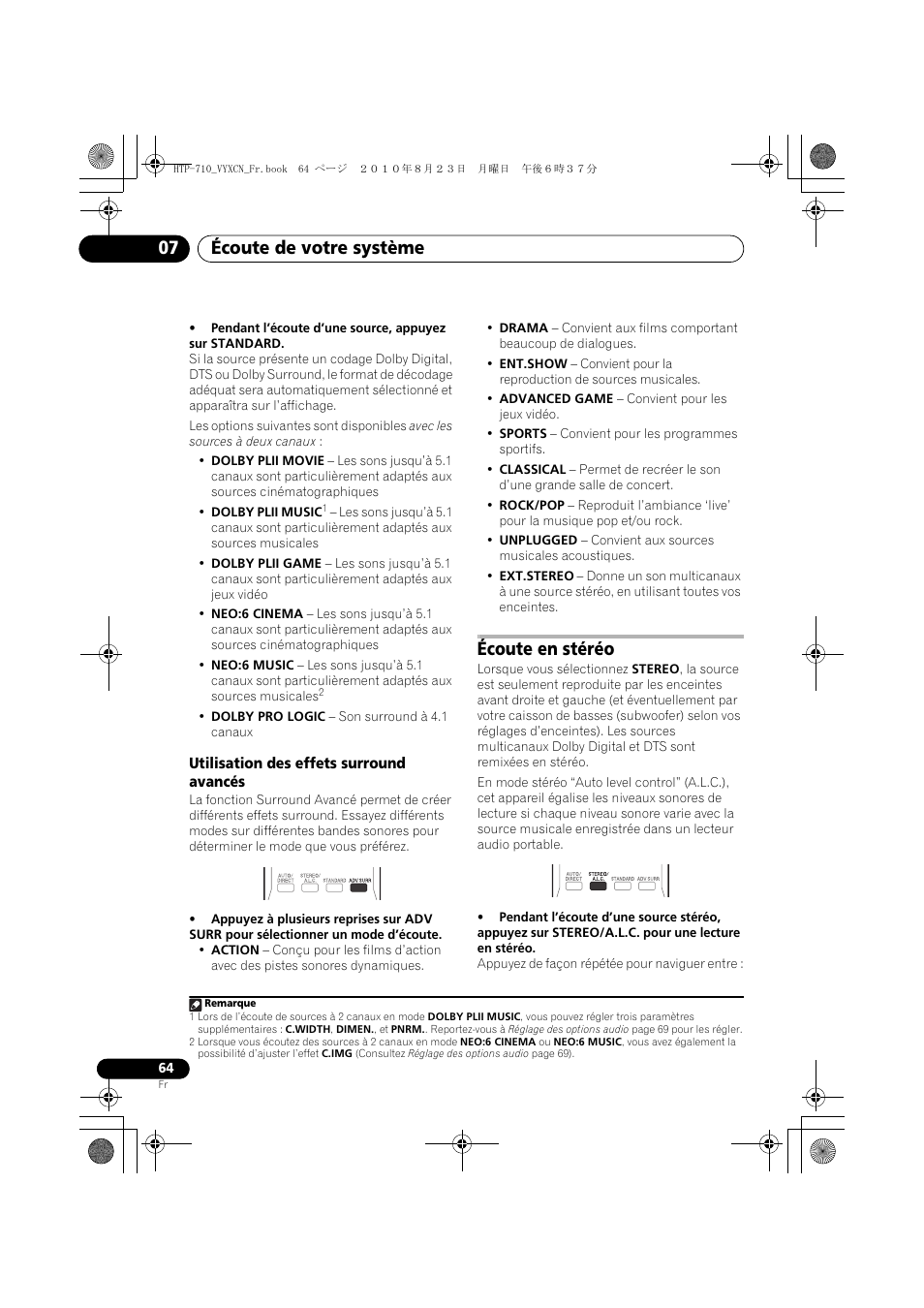 Utilisation des effets surround avancés, Écoute en stéréo, Écoute de votre système 07 | Pioneer HTP-710 User Manual | Page 154 / 272