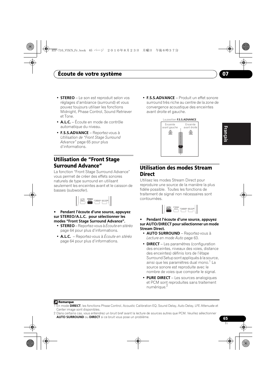 Utilisation de “front stage surround advance, Utilisation des modes stream direct, Écoute de votre système 07 | Pioneer HTP-710 User Manual | Page 155 / 272