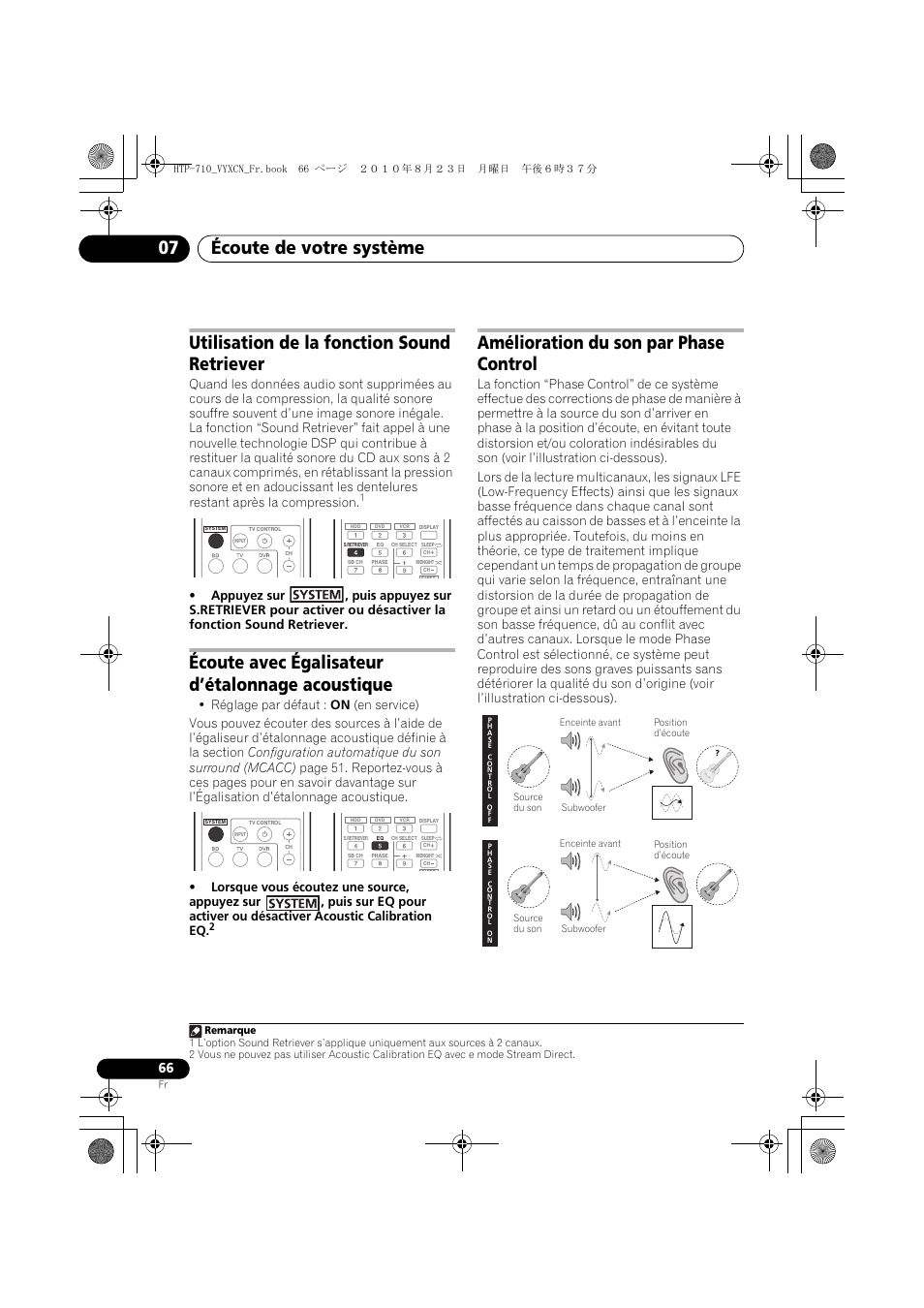 Utilisation de la fonction sound retriever, Écoute avec égalisateur d’étalonnage acoustique, Amélioration du son par phase control | Écoute de votre système 07 | Pioneer HTP-710 User Manual | Page 156 / 272