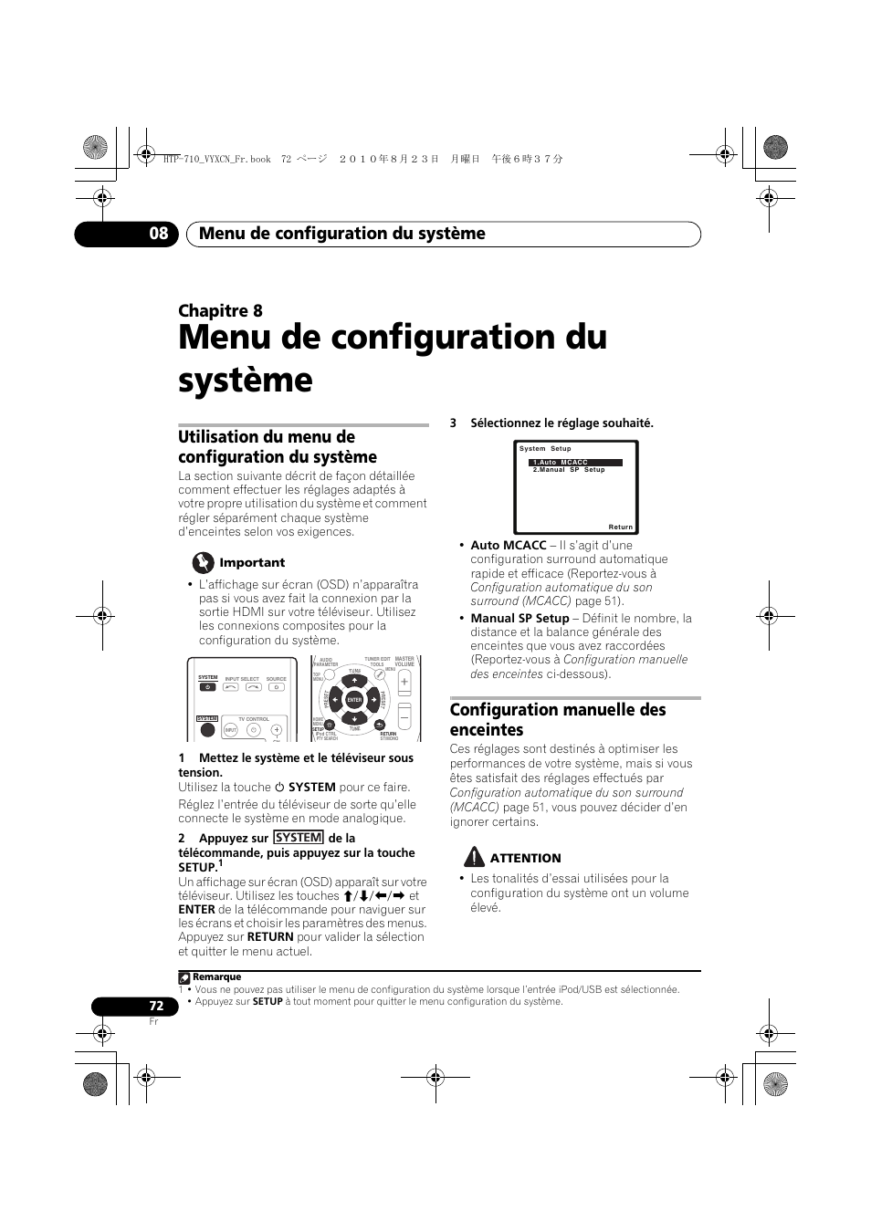 Menu de configuration du système, Utilisation du menu de configuration du système, Configuration manuelle des enceintes | 08 menu de configuration du système, Menu de configuration du système 08, Chapitre 8 | Pioneer HTP-710 User Manual | Page 162 / 272