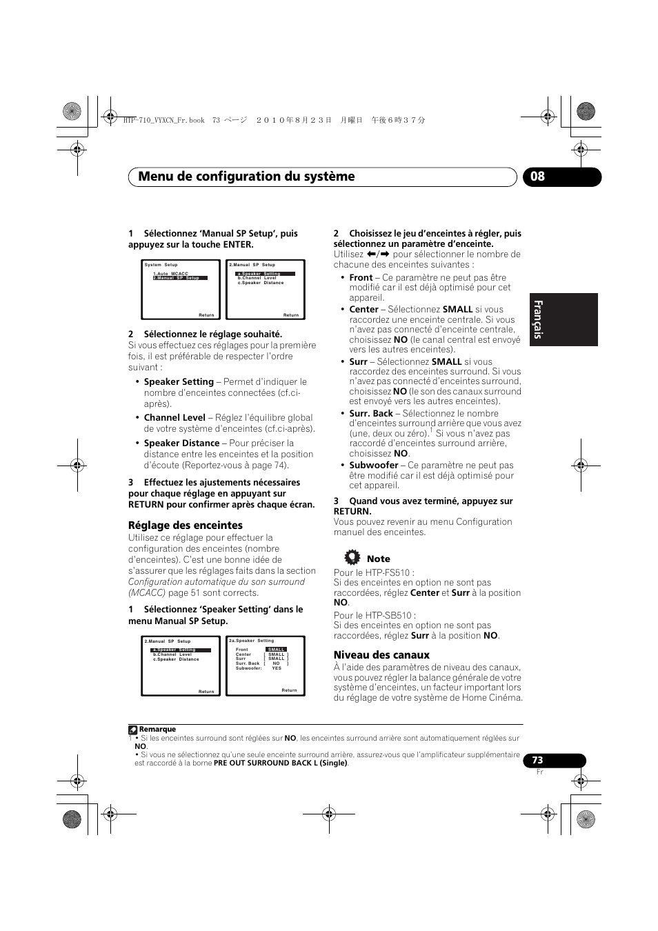 Réglage des enceintes, Niveau des canaux, Menu de configuration du système 08 | Français | Pioneer HTP-710 User Manual | Page 163 / 272